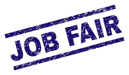 JOB FAIR seal stamp with grunge style. Blue vector rubber print of JOB FAIR caption with grunge texture. Text label is placed between parallel lines.のイラスト素材