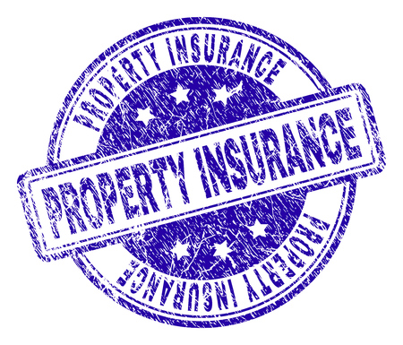 PROPERTY INSURANCE stamp seal watermark with grunge texture. Designed with rounded rectangles and circles. Blue vector rubber print of PROPERTY INSURANCE text with retro texture.のイラスト素材