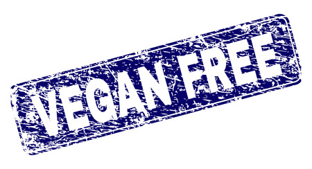 VEGAN FREE stamp seal print with grunge texture. Seal shape is a rounded rectangle with frame. Blue vector rubber print of VEGAN FREE tag with grunge style.のイラスト素材