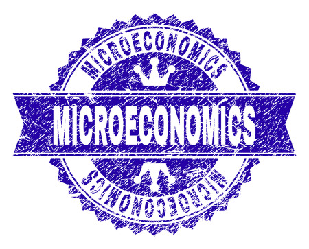 MICROECONOMICS rosette stamp seal watermark with grunge style. Designed with round rosette, ribbon and small crowns. Blue vector rubber watermark of MICROECONOMICS label with grunge style.のイラスト素材