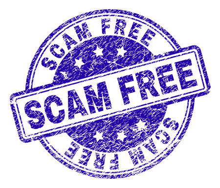 SCAM FREE stamp seal imprint with grunge texture. Designed with rounded rectangles and circles. Blue vector rubber print of SCAM FREE text with grunge texture.のイラスト素材