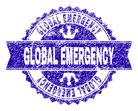 GLOBAL EMERGENCY rosette stamp seal watermark with distress style. Designed with round rosette, ribbon and small crowns. Blue vector rubber watermark of GLOBAL EMERGENCY tag with dirty style.のイラスト素材
