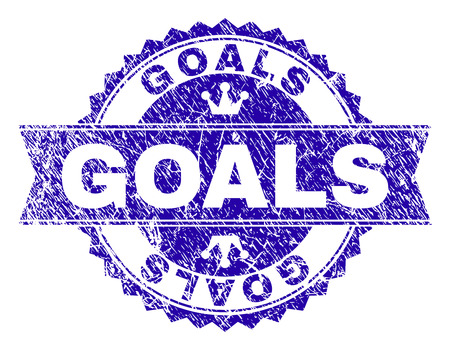 GOALS rosette stamp watermark with grunge texture. Designed with round rosette, ribbon and small crowns. Blue vector rubber watermark of GOALS title with unclean style.のイラスト素材