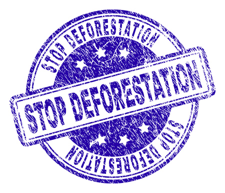 STOP DEFORESTATION stamp seal watermark with distress texture. Designed with rounded rectangles and circles. Blue vector rubber print of STOP DEFORESTATION title with corroded texture.のイラスト素材