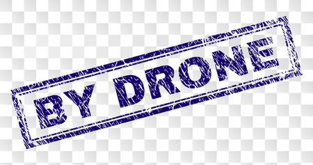 BY DRONE stamp seal print with rubber print style and double framed rectangle shape. Stamp is placed on a transparent background. Blue vector rubber print of BY DRONE caption with grunge texture.のイラスト素材
