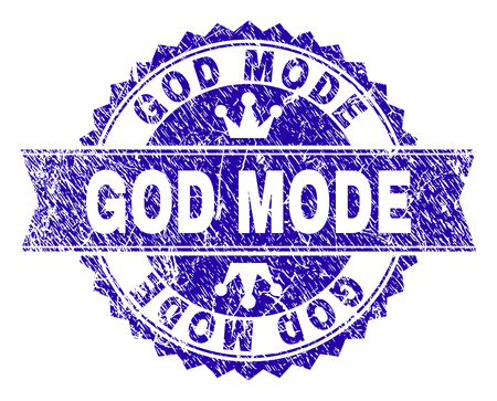 GOD MODE rosette stamp seal imitation with distress texture. Designed with round rosette, ribbon and small crowns. Blue vector rubber print of GOD MODE text with grunge texture.のイラスト素材