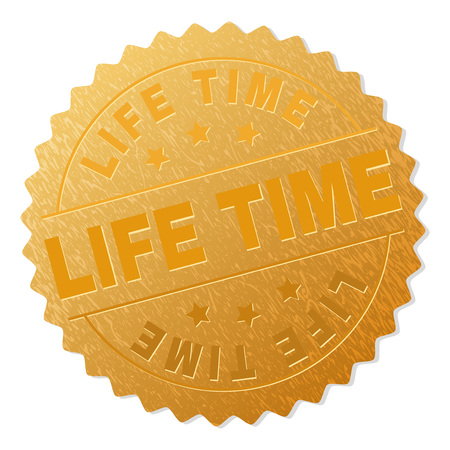 LIFE TIME gold stamp reward. Vector golden award with LIFE TIME text. Text labels are placed between parallel lines and on circle. Golden area has metallic effect.のイラスト素材