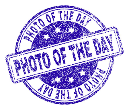 PHOTO OF THE DAY stamp seal watermark with distress texture. Designed with rounded rectangles and circles. Blue vector rubber print of PHOTO OF THE DAY label with corroded texture.のイラスト素材