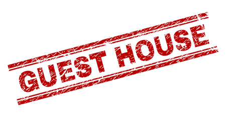 GUEST HOUSE seal print with distress style. Red vector rubber print of GUEST HOUSE tag with scratched texture. Text tag is placed between double parallel lines.のイラスト素材