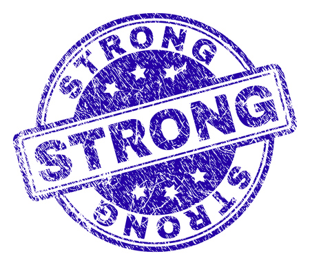 STRONG stamp seal imprint with grunge texture. Designed with rounded rectangles and circles. Blue vector rubber print of STRONG title with corroded texture.のイラスト素材