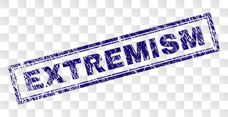 EXTREMISM stamp seal print with rubber print style and double framed rectangle shape. Stamp is placed on a transparent background. Blue vector rubber print of EXTREMISM tag with dust texture.のイラスト素材