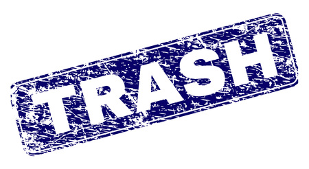 TRASH stamp seal print with distress style. Seal shape is a rounded rectangle with frame. Blue vector rubber print of TRASH tag with scratched style.のイラスト素材