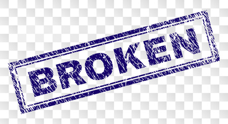 BROKEN stamp seal print with rubber print style and double framed rectangle shape. Stamp is placed on a transparent background. Blue vector rubber print of BROKEN title with corroded texture.のイラスト素材