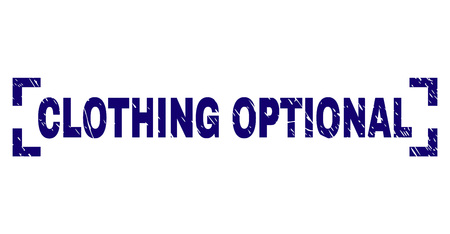 CLOTHING OPTIONAL label seal print with grunge texture. Text tag is placed inside corners. Blue vector rubber print of CLOTHING OPTIONAL with unclean texture.のイラスト素材