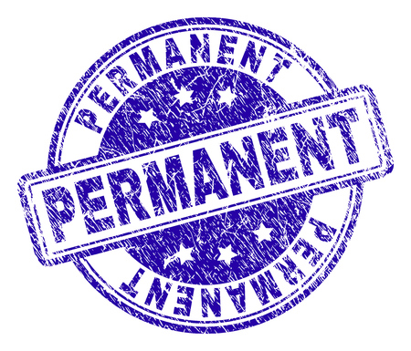 PERMANENT stamp seal imprint with distress texture. Designed with rounded rectangles and circles. Blue vector rubber print of PERMANENT text with retro texture.のイラスト素材