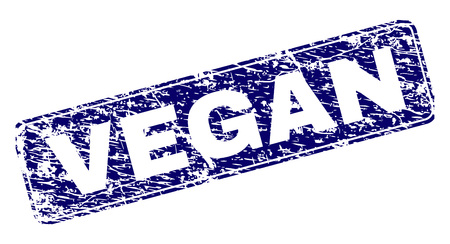 VEGAN stamp seal print with grunge texture. Seal shape is a rounded rectangle with frame. Blue vector rubber print of VEGAN caption with corroded texture.のイラスト素材