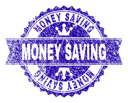 MONEY SAVING rosette stamp watermark with grunge texture. Designed with round rosette, ribbon and small crowns. Blue vector rubber watermark of MONEY SAVING caption with dirty texture.のイラスト素材