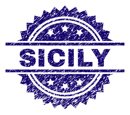 SICILY stamp seal watermark with distress style. Blue vector rubber print of SICILY tag with grunge texture.のイラスト素材
