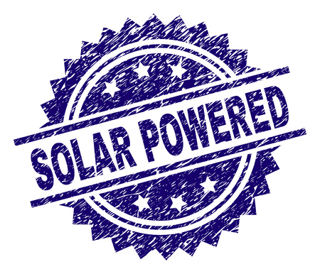 SOLAR POWERED stamp seal watermark with distress style. Blue vector rubber print of SOLAR POWERED label with retro texture.のイラスト素材