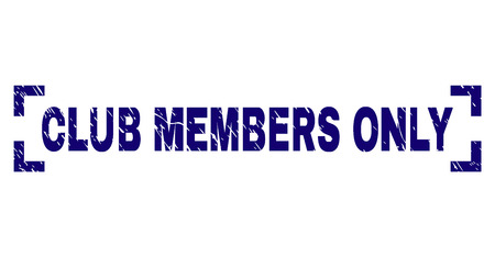 CLUB MEMBERS ONLY tag seal print with grunge texture. Text tag is placed inside corners. Blue vector rubber print of CLUB MEMBERS ONLY with corroded texture.のイラスト素材
