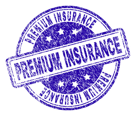 PREMIUM INSURANCE stamp seal watermark with grunge texture. Designed with rounded rectangles and circles. Blue vector rubber print of PREMIUM INSURANCE label with grunge texture.のイラスト素材