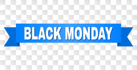 BLACK MONDAY text on a ribbon. Designed with white title and blue stripe. Vector banner with BLACK MONDAY tag on a transparent background.のイラスト素材