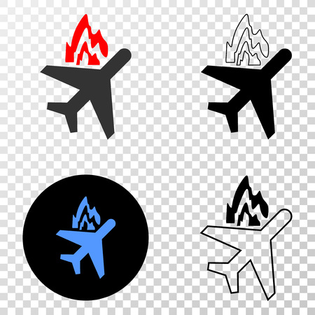 Airplane crash EPS vector pictogram with contour, black and colored versions. Illustration style is flat iconic symbol on chess transparent background.のイラスト素材