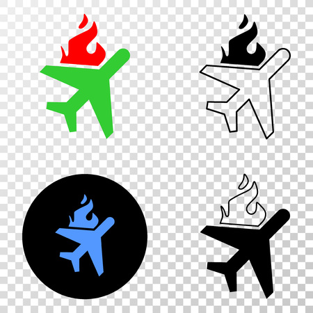Fired airplane EPS vector icon with contour, black and colored versions. Illustration style is flat iconic symbol on chess transparent background.のイラスト素材