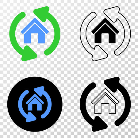 Home refresh arrows EPS vector icon with contour, black and colored versions. Illustration style is flat iconic symbol on chess transparent background.のイラスト素材