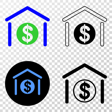 Dollar garage bank EPS vector pictogram with contour, black and colored versions. Illustration style is flat iconic symbol on chess transparent background.のイラスト素材