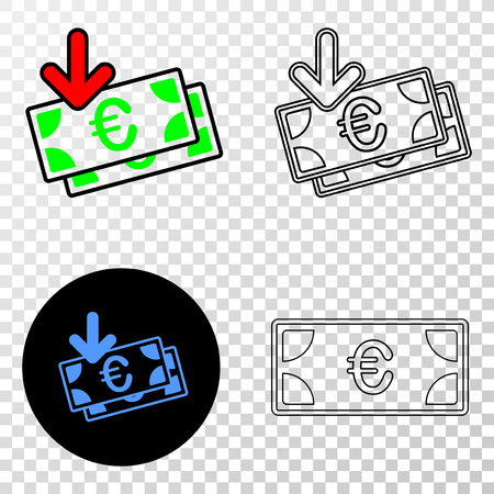 Euro banknotes income EPS vector pictograph with contour, black and colored versions. Illustration style is flat iconic symbol on chess transparent background.のイラスト素材