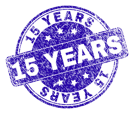 15 YEARS stamp seal watermark with distress texture. Designed with rounded rectangle and circles. Blue vector rubber watermark of 15 YEARS caption with dirty texture.のイラスト素材
