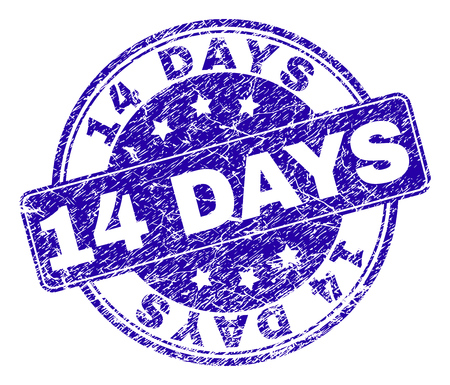 14 DAYS stamp seal watermark with grunge style. Designed with rounded rectangle and circles. Blue vector rubber watermark of 14 DAYS caption with retro style.のイラスト素材