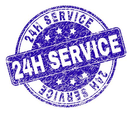 24H SERVICE stamp seal watermark with distress texture. Designed with rounded rectangle and circles. Blue vector rubber watermark of 24H SERVICE caption with dust texture.のイラスト素材