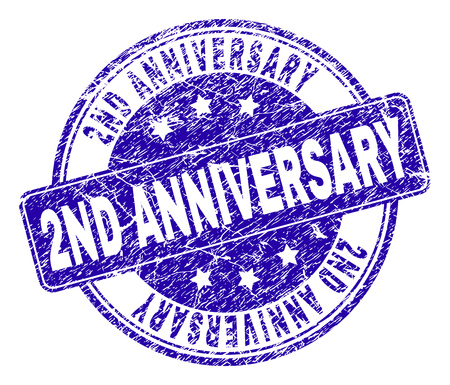 2ND ANNIVERSARY stamp seal watermark with distress style. Designed with rounded rectangle and circles. Blue vector rubber watermark of 2ND ANNIVERSARY label with scratched style.のイラスト素材