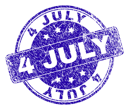 4 JULY stamp seal imprint with grunge texture. Designed with rounded rectangle and circles. Blue vector rubber watermark of 4 JULY tag with corroded texture.のイラスト素材