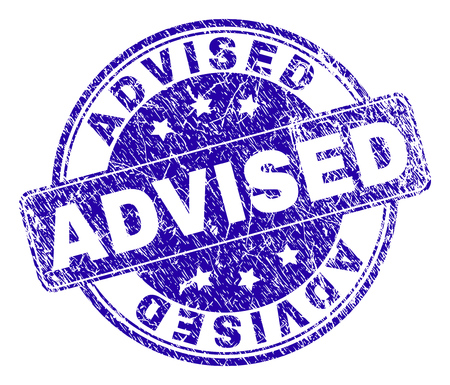 ADVISED stamp seal watermark with grunge texture. Designed with rounded rectangle and circles. Blue vector rubber watermark of ADVISED text with dirty style.のイラスト素材
