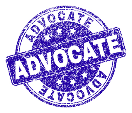 ADVOCATE stamp seal watermark with distress texture. Designed with rounded rectangle and circles. Blue vector rubber print of ADVOCATE text with dirty texture.のイラスト素材