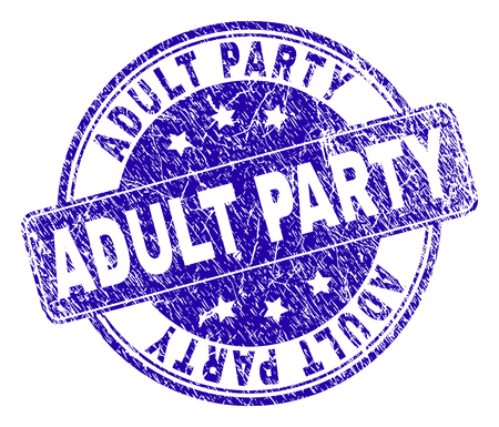 ADULT PARTY stamp seal imprint with distress texture. Designed with rounded rectangle and circles. Blue vector rubber print of ADULT PARTY title with corroded texture.のイラスト素材
