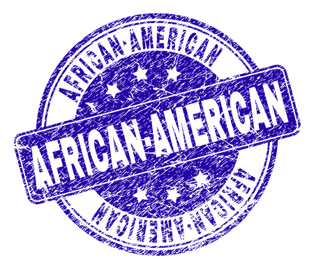 AFRICAN-AMERICAN stamp seal watermark with grunge texture. Designed with rounded rectangle and circles. Blue vector rubber watermark of AFRICAN-AMERICAN label with retro texture.のイラスト素材