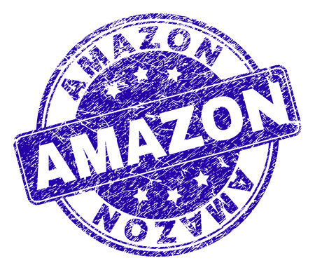 AMAZON stamp seal watermark with grunge texture. Designed with rounded rectangle and circles. Blue vector rubber watermark of AMAZON tag with unclean texture.のイラスト素材