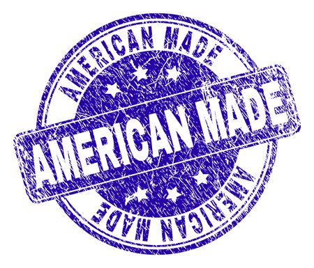 AMERICAN MADE stamp seal watermark with grunge texture. Designed with rounded rectangle and circles. Blue vector rubber watermark of AMERICAN MADE label with scratched texture.のイラスト素材