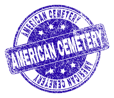 AMERICAN CEMETERY stamp seal imprint with grunge texture. Designed with rounded rectangle and circles. Blue vector rubber watermark of AMERICAN CEMETERY text with dust texture.のイラスト素材