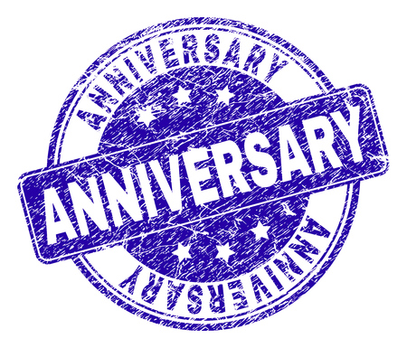 ANNIVERSARY stamp seal watermark with distress texture. Designed with rounded rectangle and circles. Blue vector rubber watermark of ANNIVERSARY tag with corroded texture.のイラスト素材