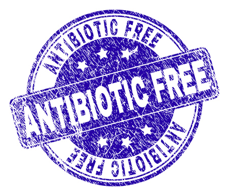 ANTIBIOTIC FREE stamp seal watermark with distress style. Designed with rounded rectangle and circles. Blue vector rubber watermark of ANTIBIOTIC FREE label with grunge style.のイラスト素材