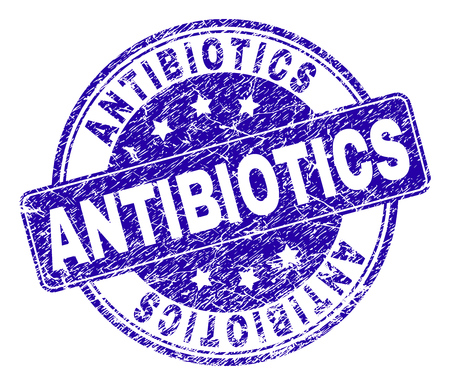 ANTIBIOTICS stamp seal watermark with distress style. Designed with rounded rectangle and circles. Blue vector rubber watermark of ANTIBIOTICS tag with dust style.のイラスト素材