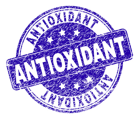 ANTIOXIDANT stamp seal imprint with grunge texture. Designed with rounded rectangle and circles. Blue vector rubber print of ANTIOXIDANT caption with retro texture.のイラスト素材