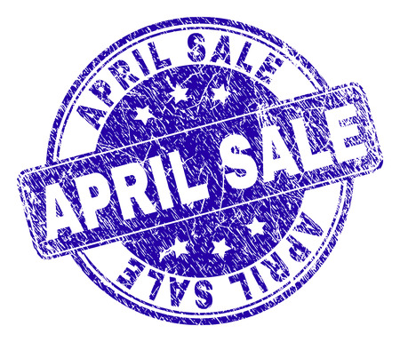 APRIL SALE stamp seal watermark with distress texture. Designed with rounded rectangle and circles. Blue vector rubber watermark of APRIL SALE text with unclean style.のイラスト素材