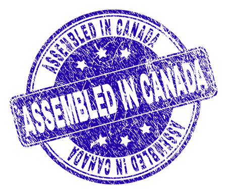 ASSEMBLED IN CANADA stamp seal watermark with distress texture. Designed with rounded rectangle and circles. Blue vector rubber watermark of ASSEMBLED IN CANADA label with retro texture.のイラスト素材