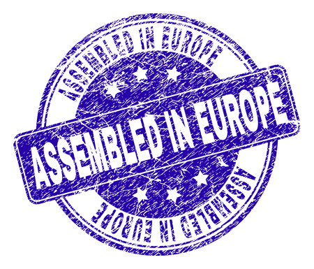 ASSEMBLED IN EUROPE stamp seal watermark with grunge style. Designed with rounded rectangle and circles. Blue vector rubber print of ASSEMBLED IN EUROPE text with grunge style.のイラスト素材